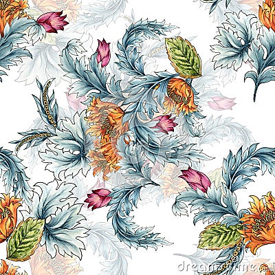 Seamless pattern with abstract fantasy Tulips lflowers and leaves western style Paisley or Damask jacobean Watercolor Gouache Stock Photo