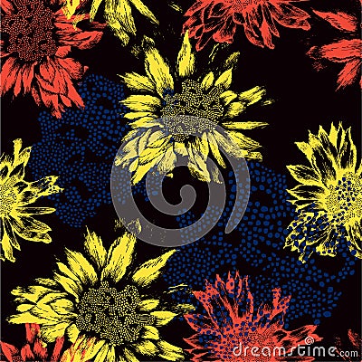 Seamless pattern with abstract flowers on black ba Vector Illustration