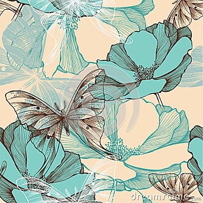 Seamless pattern with abstract flowers and decorat Vector Illustration
