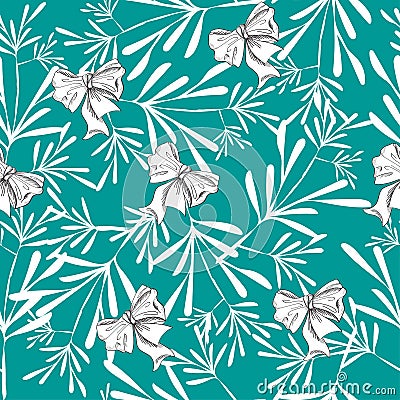 Seamless pattern with pretty flowers and bows on blue Stock Photo