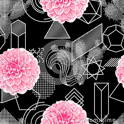 Seamless pattern with abstract geometric shapes, flower and cactus. Line art background Vector Illustration
