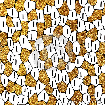 Seamless pattern with abstract gold simple elements, mosaic on a white background. Hand drawn doodle illustration with lines. Cartoon Illustration