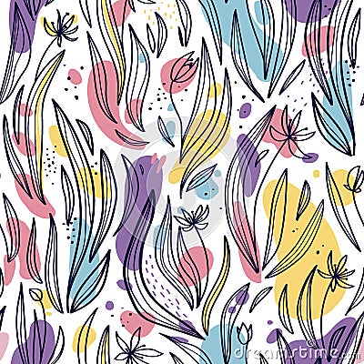 Seamless pattern of abstract leaves, flowers and spots on a white background Vector Illustration