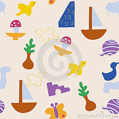 Seamless pattern of abstract minimalist elements. Simple shapes, nature, house, objects, birds. Design elements are hand-drawn, Vector Illustration