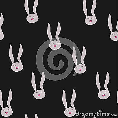 Seamless pattern abstract rabbits funny muzzles on black background. Cute bunnies heads repetitive kids print, vector eps 10 Vector Illustration