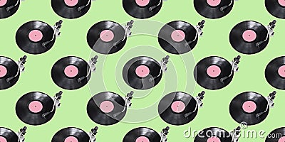 Seamless pattern. Abstract record player part isolated on green background. Retro music concept. Stock Photo