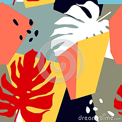 Seamless pattern with abstract shapes and tropical leaves. Trendy art in collage style Vector Illustration