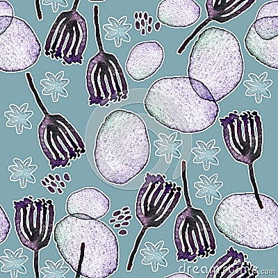 Seamless pattern with abstract spots and watercolor flowers. Stock Photo