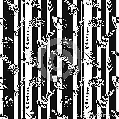 Seamless pattern with abstract stripes, flowers, plants in black and white colors Vector Illustration