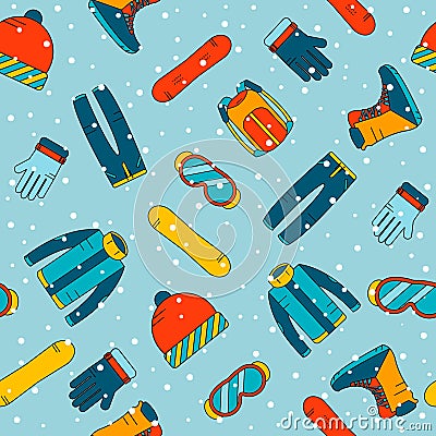 Seamless pattern with accessories for snowboarding. Extreme winter sports icons. Vector Illustration