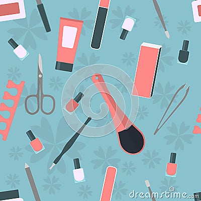 Seamless pattern with accessories and tools for manicure and pedicure Vector Illustration