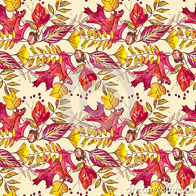 Seamless pattern with acorns and autumn oak leaves in Orange, Beige, Brown and Yellow. Perfect for wallpaper, gift paper Stock Photo