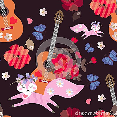 Seamless pattern with acoustic guitars, funny pink foxes, blue butterflies, hearts and red poppies on black background. Print Vector Illustration