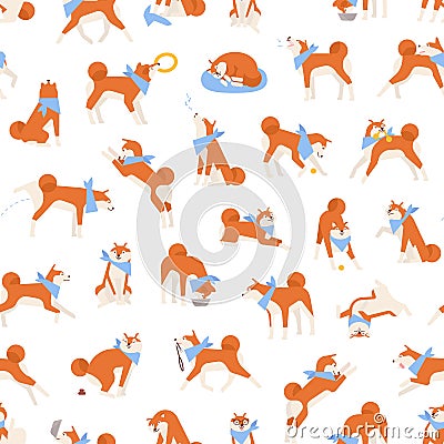 Seamless pattern with adorable Akita Inu performing daily activities. Backdrop with active purebred dog. Background with Vector Illustration
