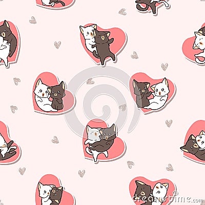 Seamless pattern adorable lover cat characters with pink heart Vector Illustration