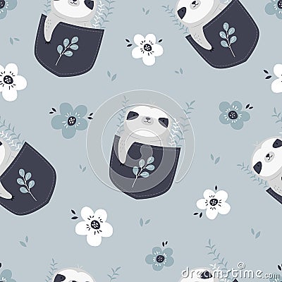 Seamless pattern with adorable sloth in pockets. Vector Illustration
