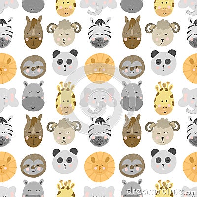 Seamless pattern with african and american animal faces lion, zebra, sloth, giraffe etc Stock Photo