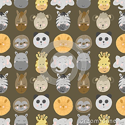 Seamless pattern with african and american animal faces lion, zebra, sloth, giraffe etc Stock Photo