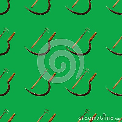 Seamless pattern with sickle,hoe on green background Stock Photo