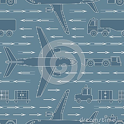 Seamless pattern with airplanes and airport vehicles on gray background Vector Illustration