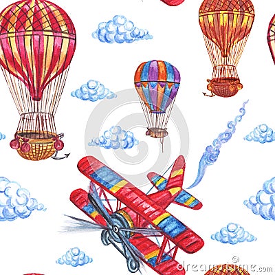 Seamless pattern of airplanes, balloons and clouds, hand-drawing. Stock Photo