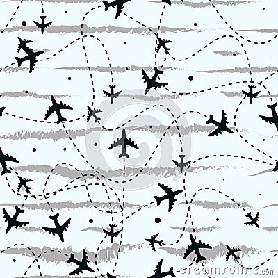 Seamless pattern with airplanes. Travel around the world concept. Vector background. Stock Photo