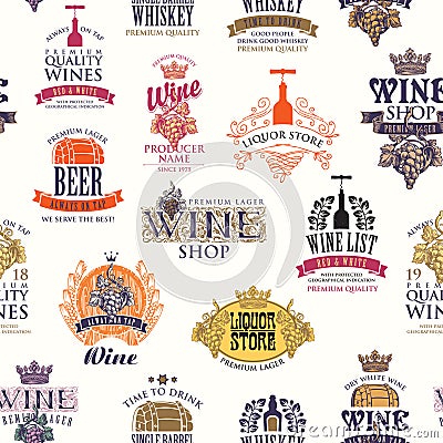 Seamless pattern with alcohol logos and signs Vector Illustration