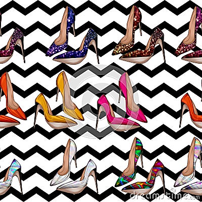 Seamless Pattern - All over background with stiletto shoes in various bright colors Stock Photo