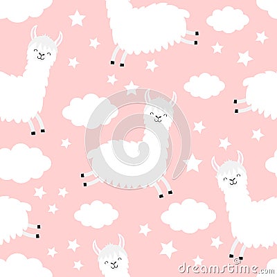 Seamless Pattern. Alpaca llama jumping. Cloud star in the sky. Cute cartoon kawaii funny smiling baby character. Wrapping paper, Vector Illustration