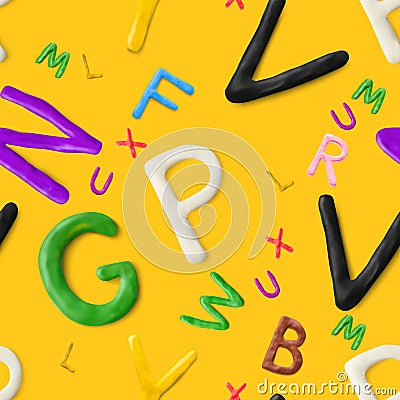 Seamless pattern with alphabet. Handmade modeling clay letters. Realistic 3d vector background. Vector Illustration
