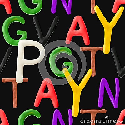Seamless pattern with alphabet. Handmade modeling clay letters. Realistic 3d vector background. Vector Illustration