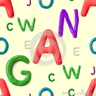 Seamless pattern with alphabet. Handmade modeling clay letters. Realistic 3d vector lettering background. Vector Illustration