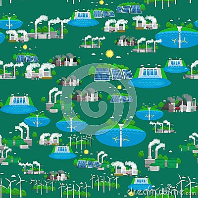 Seamless pattern alternative energy green power, environment save, renewable turbine energy, wind and solar ecology Vector Illustration