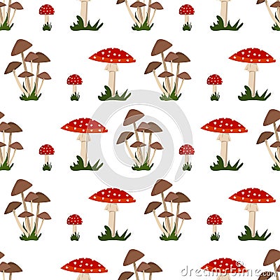 Seamless pattern with amanita mushroom and toadstool Vector Illustration