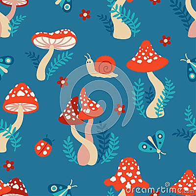 Seamless pattern of amanita mushrooms. Hand drawn vector illustration of red amanita in a cartoon style on a dark green Vector Illustration