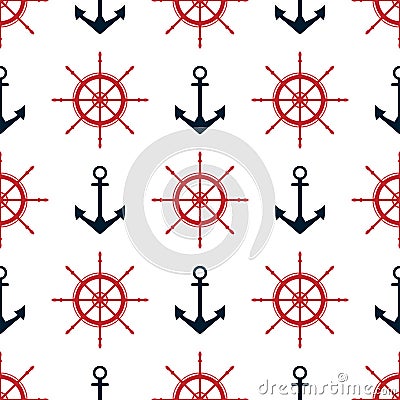 Seamless pattern with anchor and ship rudder. Marine print. Vector illustration. Vector Illustration