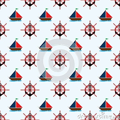Seamless pattern with anchor, ship rudder and sailboat. Marine print. Vector illustration. Vector Illustration