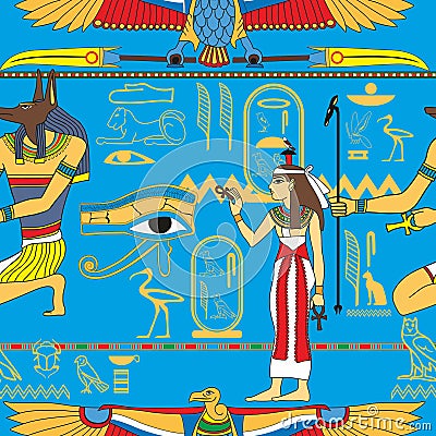Seamless pattern with ancient Egyptian gods and hieroglyphs on a turquoise background. Stock Photo