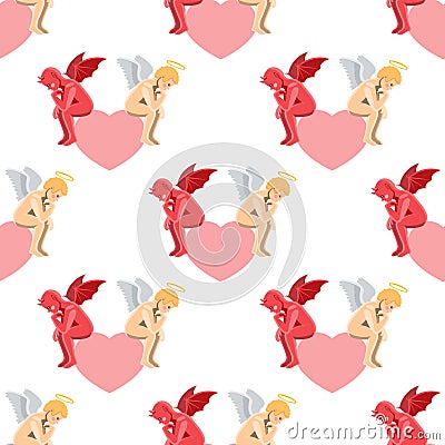 Seamless pattern of an angel demon sitting on a heart in a pensive pose on a white background. Vector image Vector Illustration