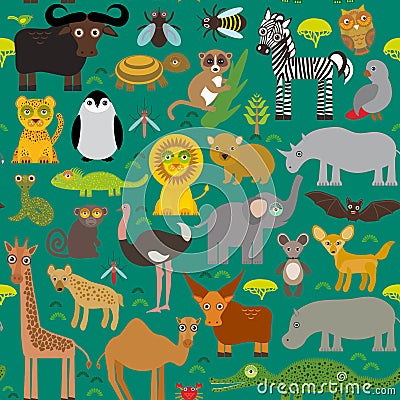 Seamless pattern Animal Africa parrot Hyena Rhinoceros Zebra Hippopotamus Crocodile Turtle Elephant snake camel tsetse ostrich lem Vector Illustration