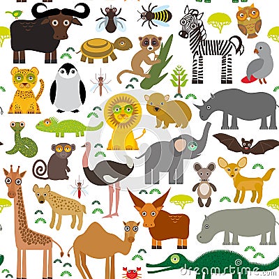 Seamless pattern Animal Africa parrot Hyena Rhinoceros Zebra Hippopotamus Crocodile Turtle Elephant snake camel tsetse ostrich lem Vector Illustration