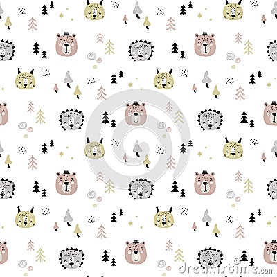 Seamless pattern with animal faces and trees. Doodle scandinavian style texture background with hedgehog,squirrel and bear Vector Illustration