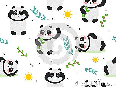 Seamless pattern with animal panda. Vector illustration with panda, bamboo branch, sun, star, doodle Cartoon Illustration