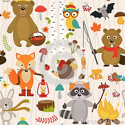 Seamless pattern with animals of forest on beige background Vector Illustration