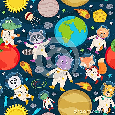 Seamless pattern with animals in space Vector Illustration