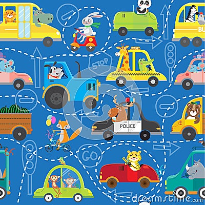 Seamless pattern of animals in vehicles Vector Illustration