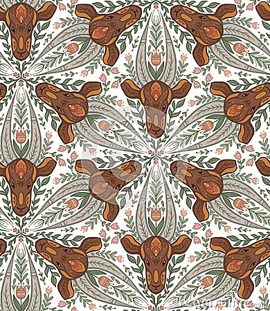 Seamless pattern with antelope heads with folk art. Gazelle with floral ornament. Kaleidoscope with animals Stock Photo