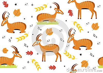 Seamless pattern with antelope. Vector illustration with animal antelope, plant leaves, star, doodle Cartoon Illustration