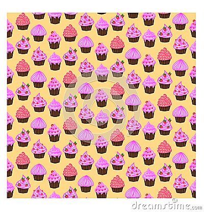 Seamless pattern of appetizing cupcakes with pink cream Vector Illustration