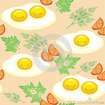 Seamless pattern. Appetizing scrambled eggs with tomatoes, dill and parsley. Delicious and fast food. Suitable as wallpaper in the Cartoon Illustration